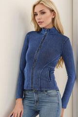 Basic Bae Pocketed Turtleneck Zip Up Denim Top