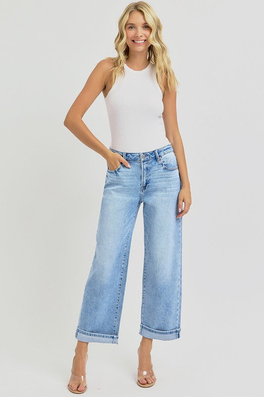 RISEN Full Size Ankle Wide Leg Cuffed Jeans Plus Size