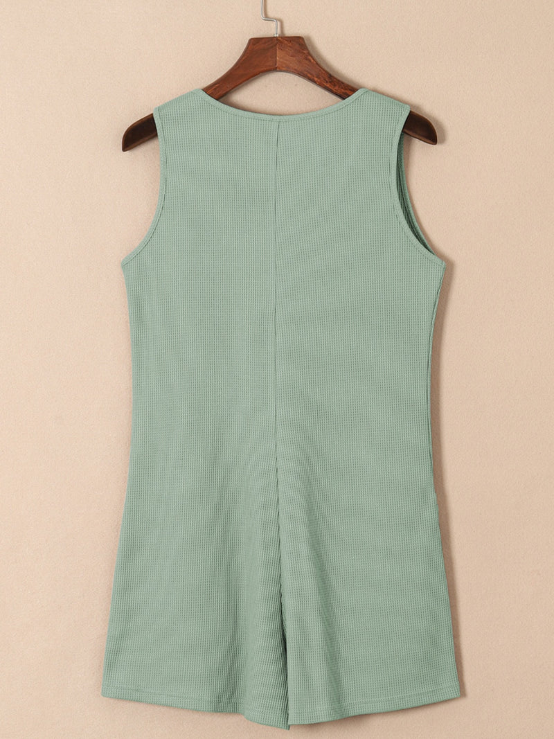 Waffle-Knit Half Button Sleeveless Romper with Pockets