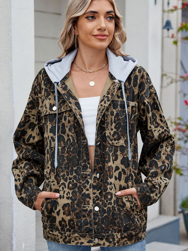 Pocketed Leopard Long Sleeve Denim Jacket