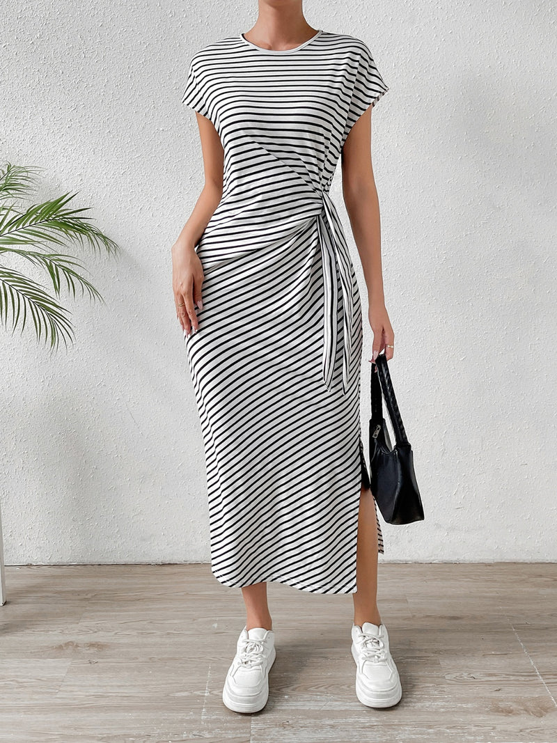 Honey Tied Striped Round Neck Short Sleeve Tee Dress