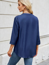 Notched Three-Quarter Sleeve Denim Top