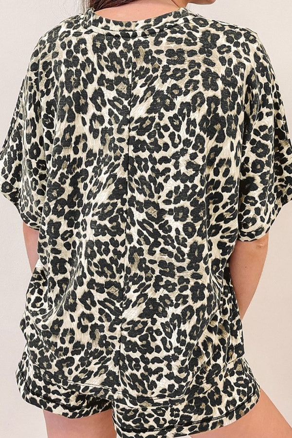 Leopard Round Neck Top and Shorts Set